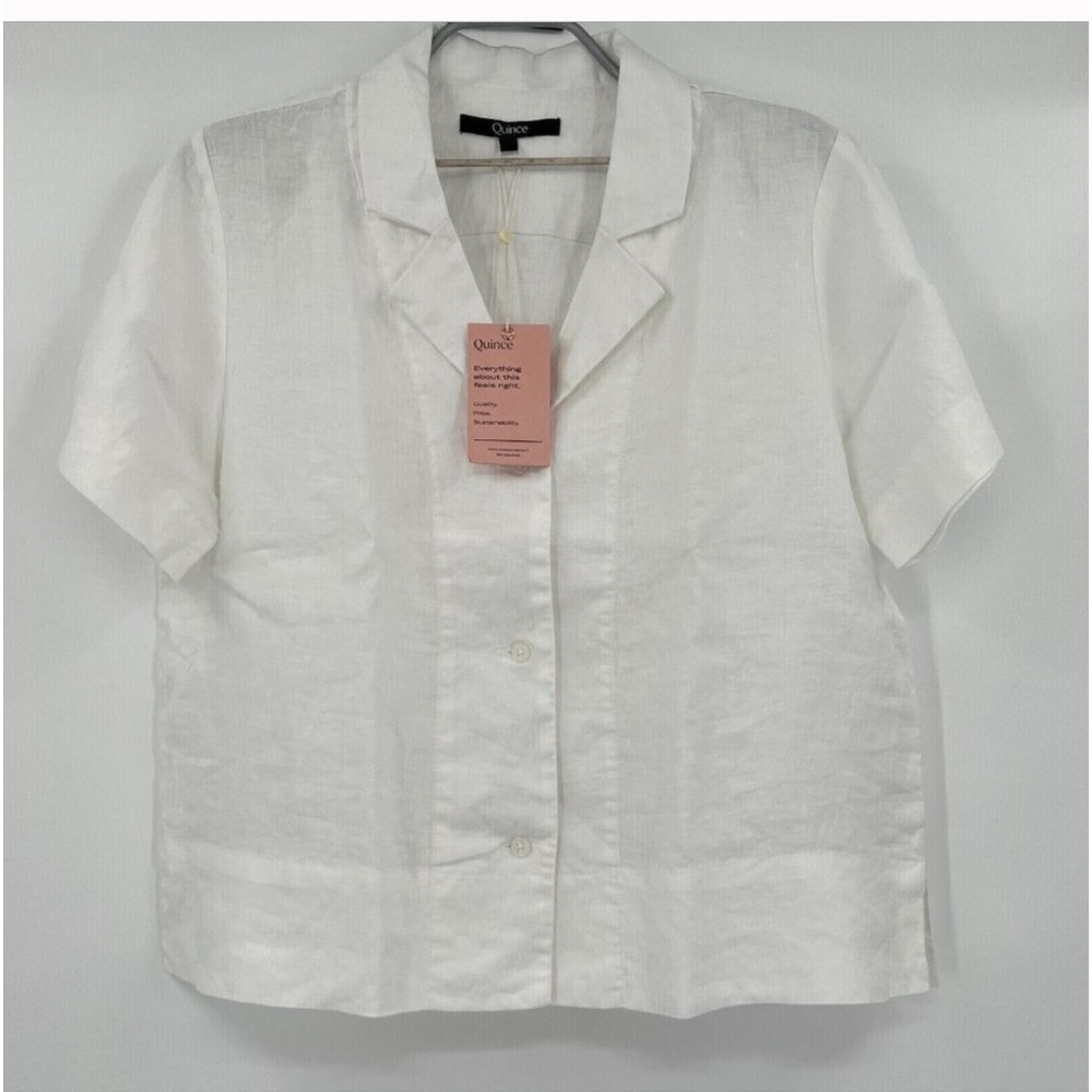 🌸Quince Women's White 100% European Linen Short Sleeve Shirt sz L  Button Up